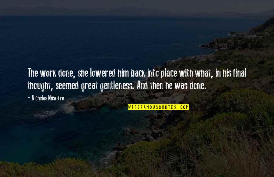 Heithoff Family Quotes By Nicholas Nicastro: The work done, she lowered him back into Heithoff Family Quotes By Nicholas Nicastro: The work done, she lowered him back into