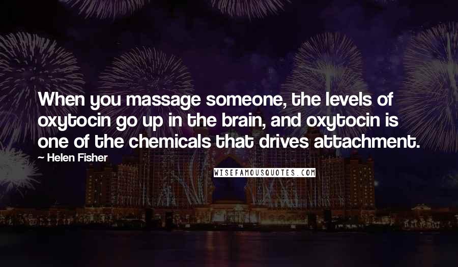 Helen Fisher quotes: When you massage someone, the levels of oxytocin go up in the brain, and oxytocin is one of the chemicals that drives attachment.