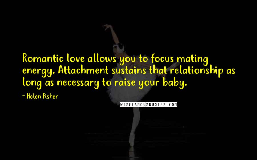 Helen Fisher quotes: Romantic love allows you to focus mating energy. Attachment sustains that relationship as long as necessary to raise your baby.