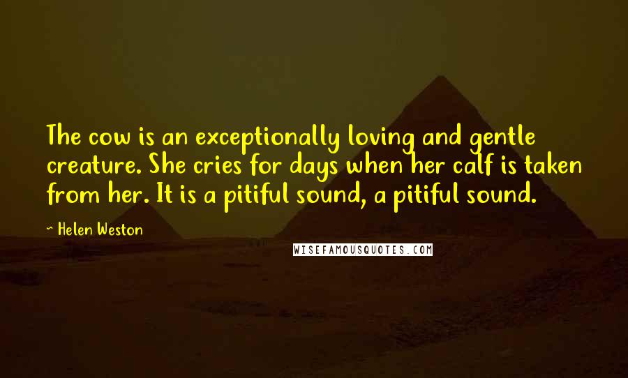 Helen Weston quotes: The cow is an exceptionally loving and gentle creature. She cries for days when her calf is taken from her. It is a pitiful sound, a pitiful sound. Helen Weston quotes: The cow is an exceptionally loving and gentle creature. She cries for days when her calf is taken from her. It is a pitiful sound, a pitiful sound.