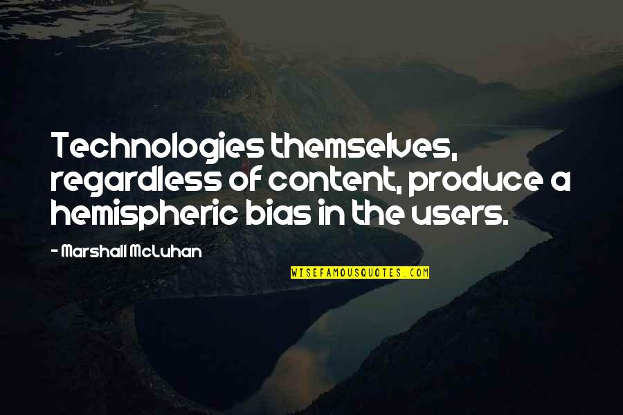Hemispheric Quotes By Marshall McLuhan: Technologies themselves, regardless of content, produce a hemispheric