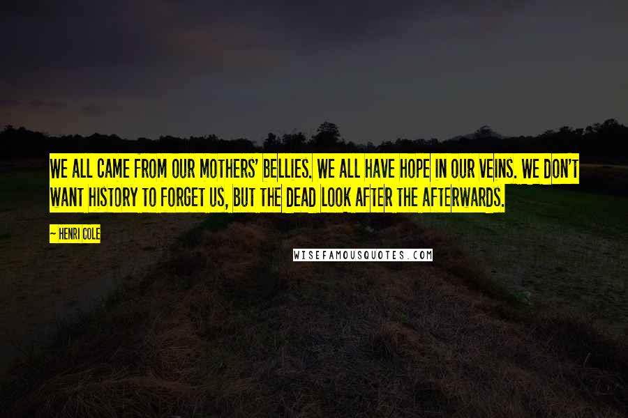 Henri Cole quotes: We all came from our mothers' bellies. We all have hope in our veins. We don't want history to forget us, but the dead look after the afterwards.