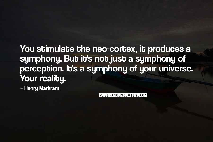 Henry Markram quotes: You stimulate the neo-cortex, it produces a symphony. But it's not just a symphony of perception. It's a symphony of your universe. Your reality. Henry Markram quotes: You stimulate the neo-cortex, it produces a symphony. But it's not just a symphony of perception. It's a symphony of your universe. Your reality.