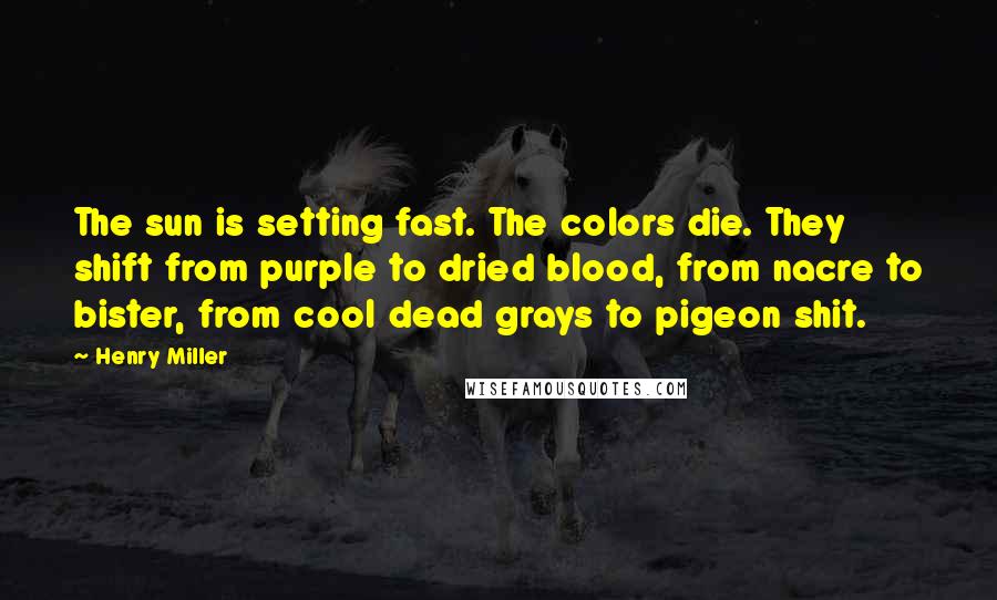 Henry Miller quotes: The sun is setting fast. The colors die. They shift from purple to dried blood, from nacre to bister, from cool dead grays to pigeon shit.