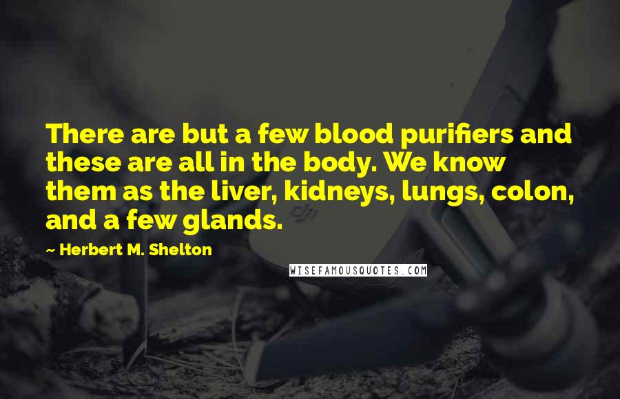 Herbert M. Shelton quotes: There are but a few blood purifiers and these are all in the body. We know them as the liver, kidneys, lungs, colon, and a few glands.