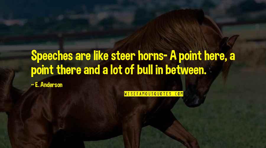 Here And There Quotes By E. Anderson: Speeches are like steer horns- A point here,