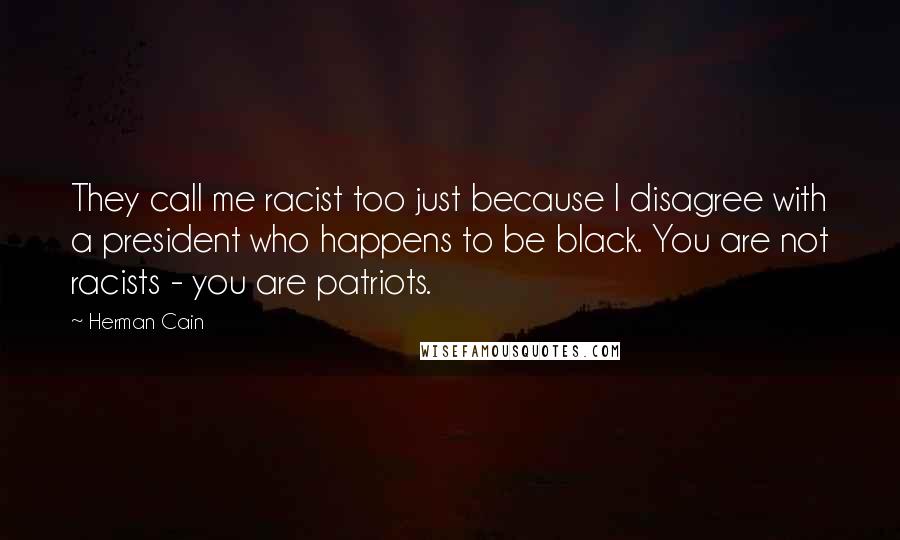 Herman Cain quotes: They call me racist too just because I disagree with a president who happens to be black. You are not racists - you are patriots.