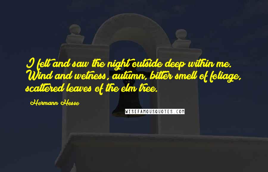 Hermann Hesse quotes: I felt and saw the night outside deep within me. Wind and wetness, autumn, bitter smell of foliage, scattered leaves of the elm tree. Hermann Hesse quotes: I felt and saw the night outside deep within me. Wind and wetness, autumn, bitter smell of foliage, scattered leaves of the elm tree.