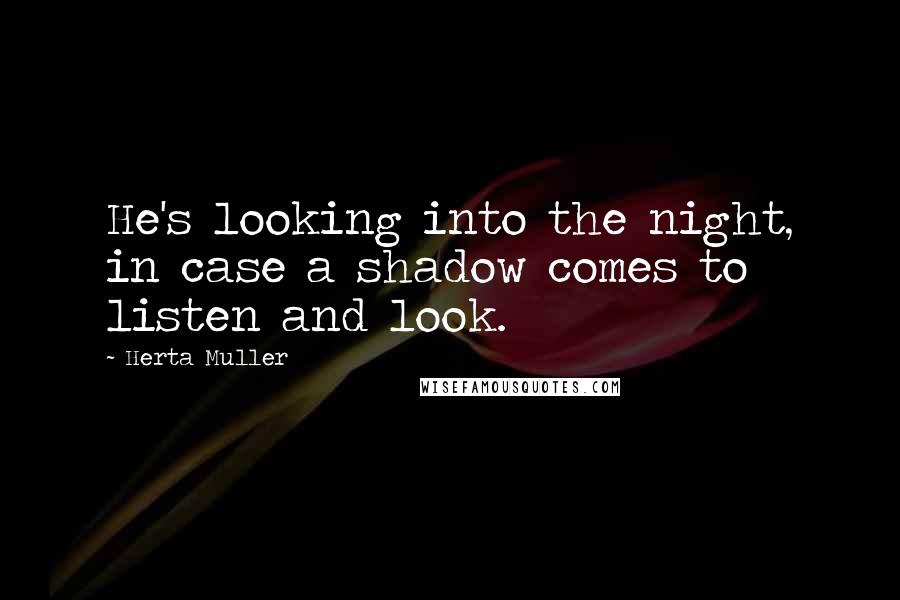Herta Muller quotes: He's looking into the night, in case a shadow comes to listen and look.