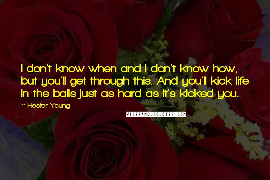 Hester Young quotes: I don't know when and I don't know how, but you'll get through this. And you'll kick life in the balls just as hard as it's kicked you.