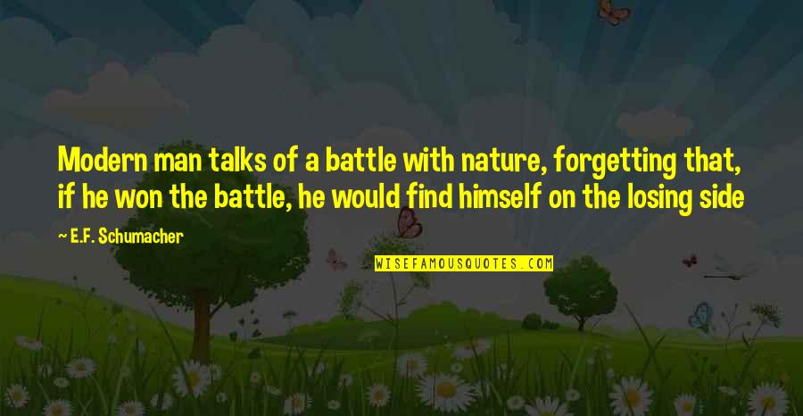 Heyhey Quotes By E.F. Schumacher: Modern man talks of a battle with nature,