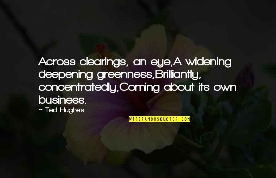 High Thinking Love Quotes By Ted Hughes: Across clearings, an eye,A widening deepening greenness,Brilliantly, concentratedly,Coming