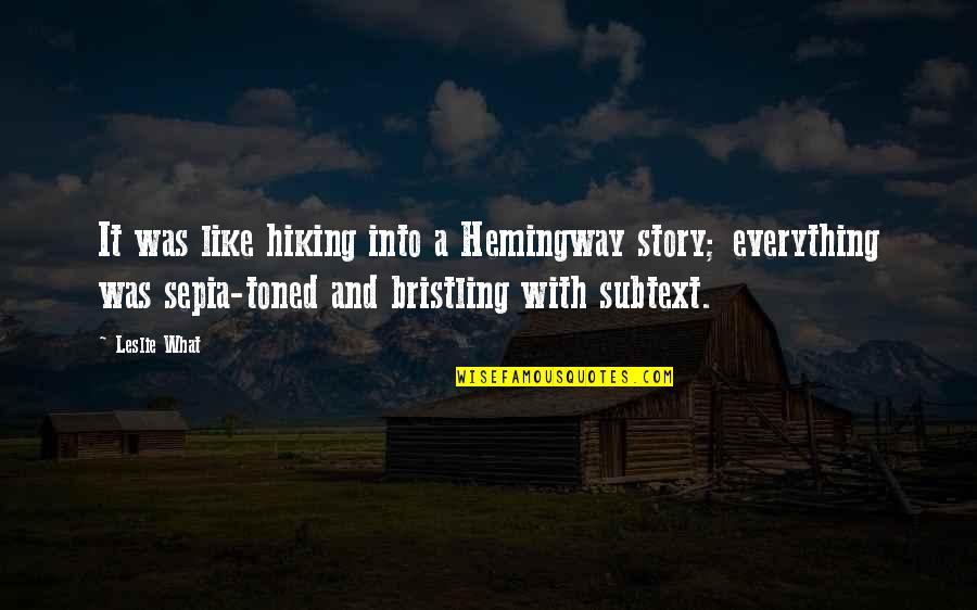 Hiking Funny Quotes By Leslie What: It was like hiking into a Hemingway story;