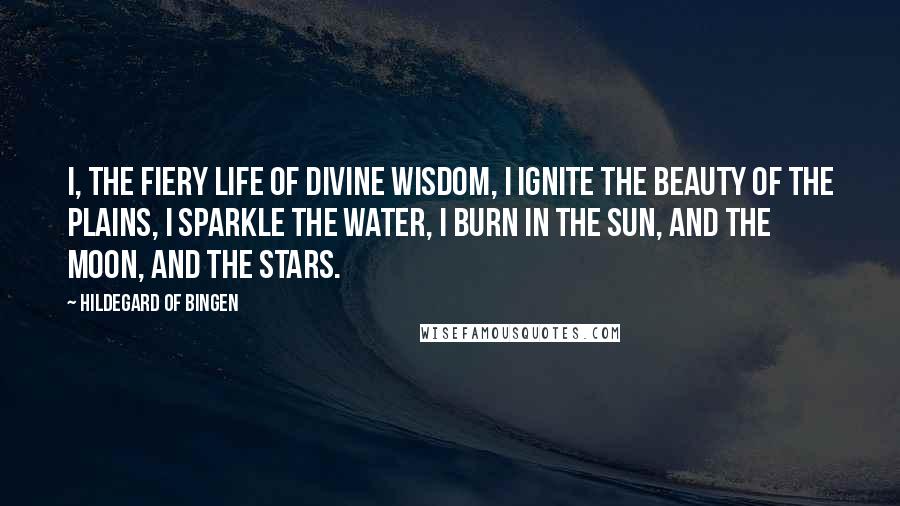 Hildegard Of Bingen quotes: I, the fiery life of divine wisdom, I ignite the beauty of the plains, I sparkle the water, I burn in the sun, and the moon, and the stars.