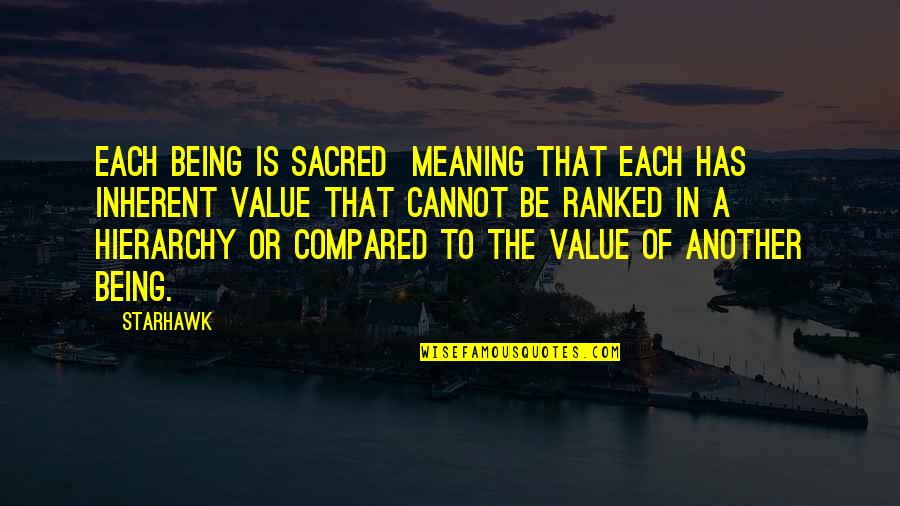 Hildred Shumake Quotes By Starhawk: Each being is sacred meaning that each has Hildred Shumake Quotes By Starhawk: Each being is sacred meaning that each has