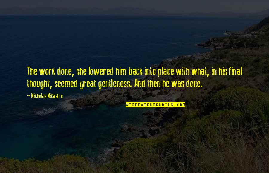 Hoehner Quotes By Nicholas Nicastro: The work done, she lowered him back into Hoehner Quotes By Nicholas Nicastro: The work done, she lowered him back into