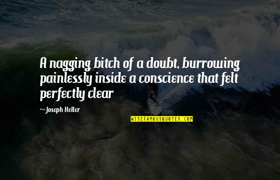 Homophile Xenophobia Quotes By Joseph Heller: A nagging bitch of a doubt, burrowing painlessly