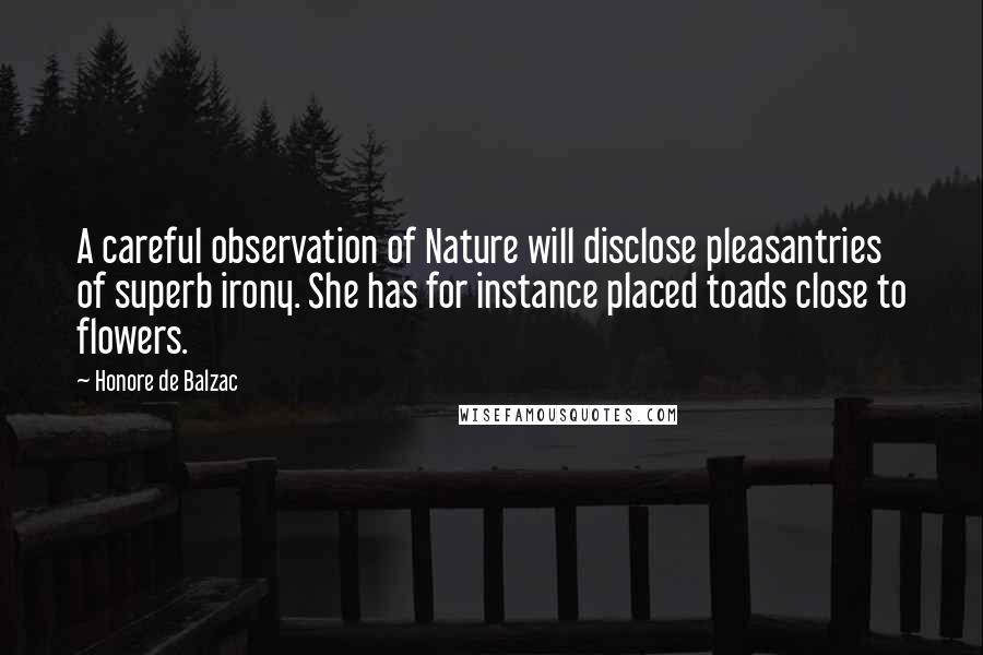 Honore De Balzac quotes: A careful observation of Nature will disclose pleasantries of superb irony. She has for instance placed toads close to flowers. Honore De Balzac quotes: A careful observation of Nature will disclose pleasantries of superb irony. She has for instance placed toads close to flowers.