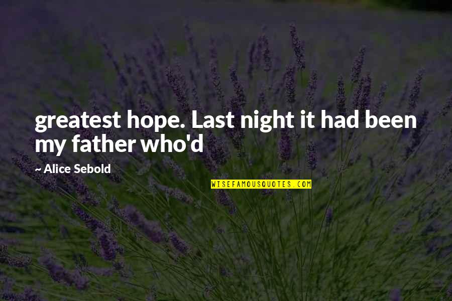 Hope We Last Quotes By Alice Sebold: greatest hope. Last night it had been my