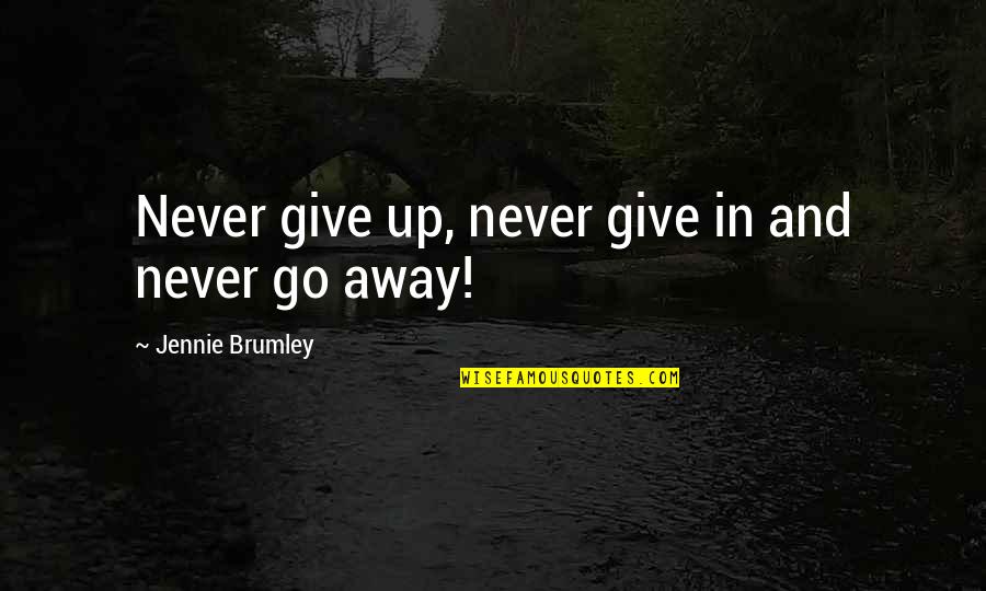 Hornish Crash Quotes By Jennie Brumley: Never give up, never give in and never Hornish Crash Quotes By Jennie Brumley: Never give up, never give in and never
