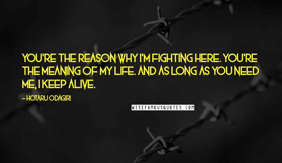 Hotaru Odagiri quotes: You're the reason why I'm fighting here. You're the meaning of my life. And as long as you need me, I keep alive. Hotaru Odagiri quotes: You're the reason why I'm fighting here. You're the meaning of my life. And as long as you need me, I keep alive.