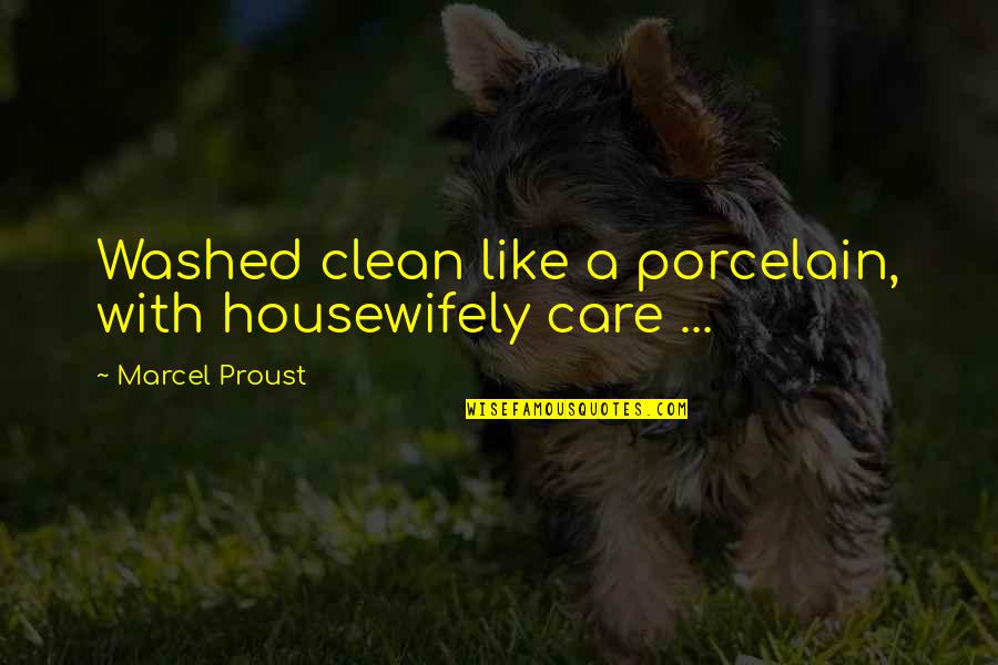 Housewifely Quotes By Marcel Proust: Washed clean like a porcelain, with housewifely care