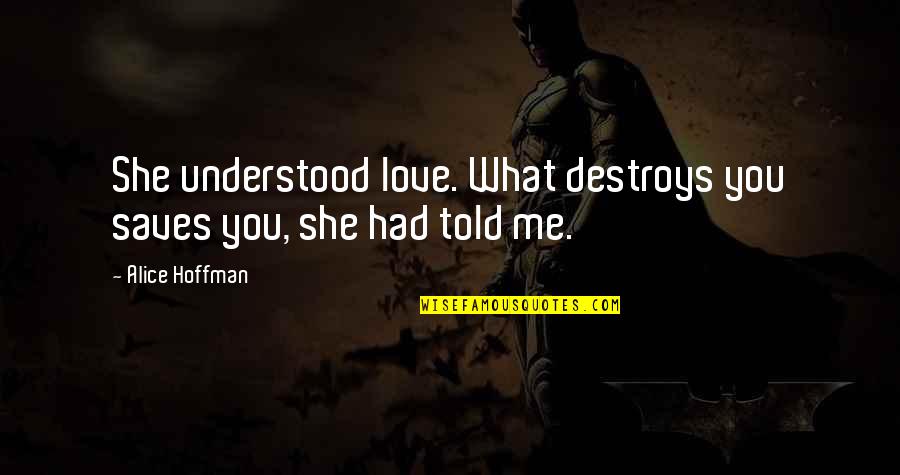 How To Stay Focused Quotes By Alice Hoffman: She understood love. What destroys you saves you,