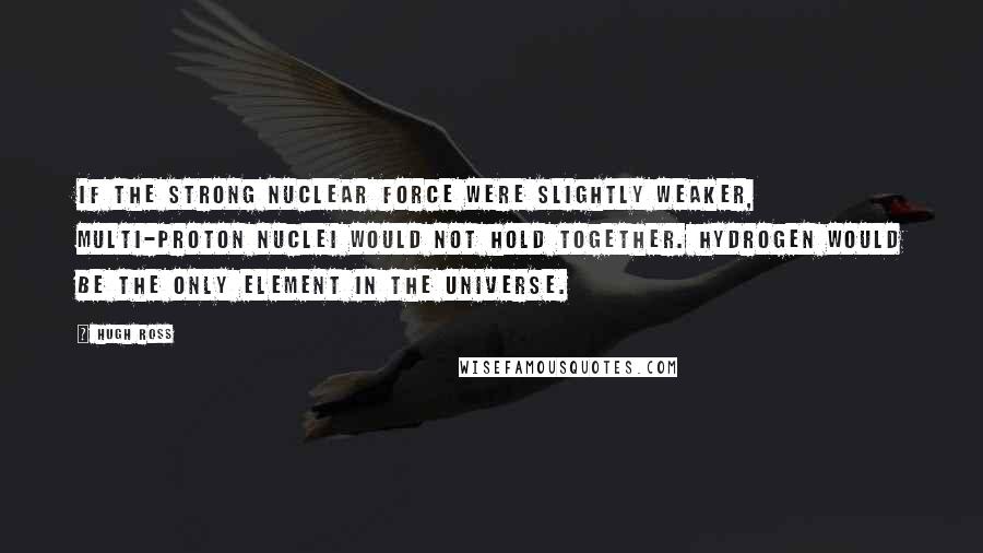 Hugh Ross quotes: If the strong nuclear force were slightly weaker, multi-proton nuclei would not hold together. Hydrogen would be the only element in the universe.