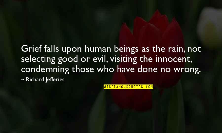 Human Beings Are Evil Quotes By Richard Jefferies: Grief falls upon human beings as the rain, Human Beings Are Evil Quotes By Richard Jefferies: Grief falls upon human beings as the rain,