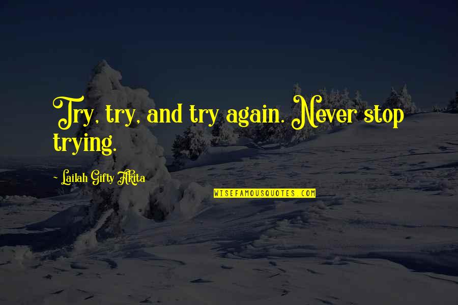 Humblin Quotes By Lailah Gifty Akita: Try, try, and try again. Never stop trying.