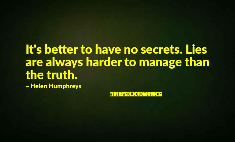 Humphreys Quotes By Helen Humphreys: It's better to have no secrets. Lies are