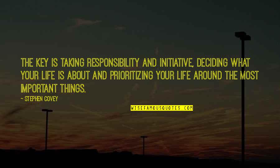 Hymanson Bodyblade Quotes By Stephen Covey: The key is taking responsibility and initiative, deciding
