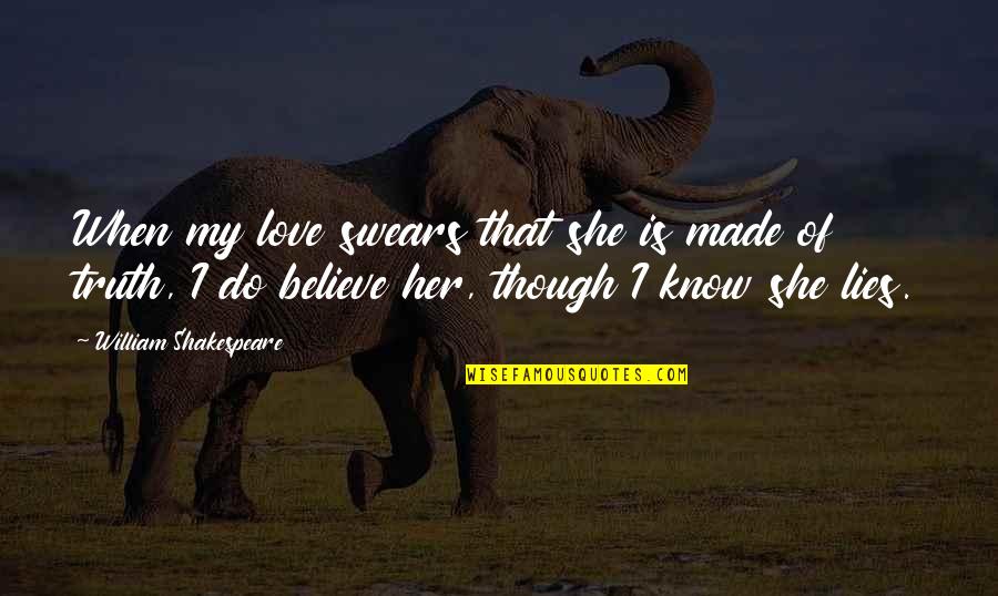 I Believe Your Lies Quotes By William Shakespeare: When my love swears that she is made