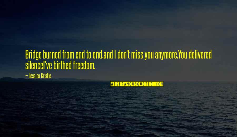 I Don't Love You Anymore Quotes By Jessica Kristie: Bridge burned from end to end,and I don't I Don't Love You Anymore Quotes By Jessica Kristie: Bridge burned from end to end,and I don't