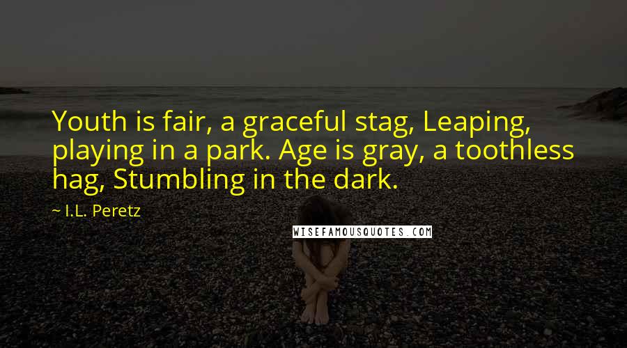I.L. Peretz quotes: Youth is fair, a graceful stag, Leaping, playing in a park. Age is gray, a toothless hag, Stumbling in the dark. I.L. Peretz quotes: Youth is fair, a graceful stag, Leaping, playing in a park. Age is gray, a toothless hag, Stumbling in the dark.