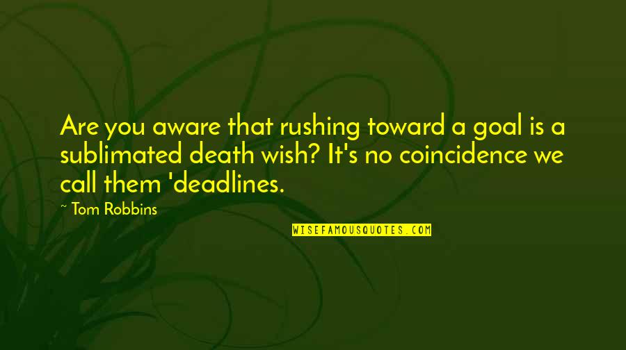 I Wish You Death Quotes By Tom Robbins: Are you aware that rushing toward a goal I Wish You Death Quotes By Tom Robbins: Are you aware that rushing toward a goal