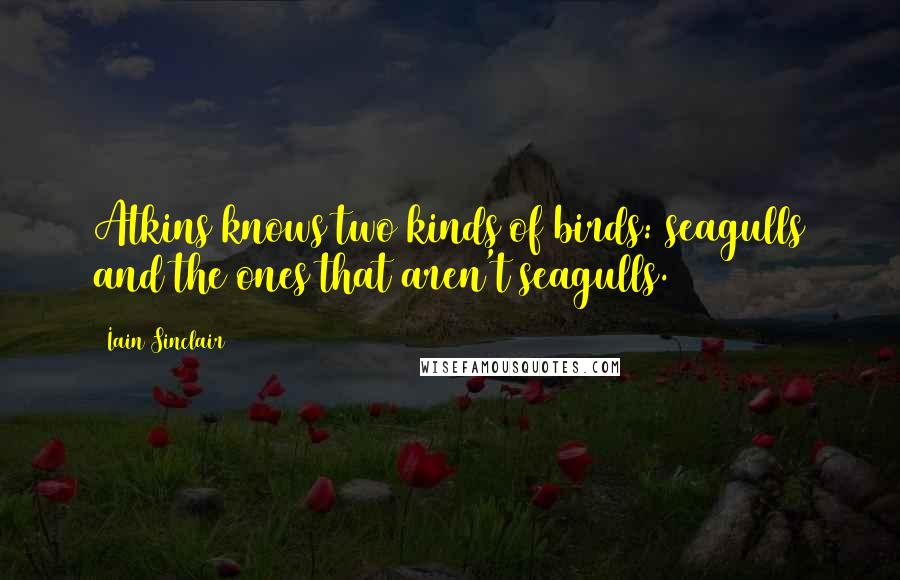 Iain Sinclair quotes: Atkins knows two kinds of birds: seagulls and the ones that aren't seagulls. Iain Sinclair quotes: Atkins knows two kinds of birds: seagulls and the ones that aren't seagulls.