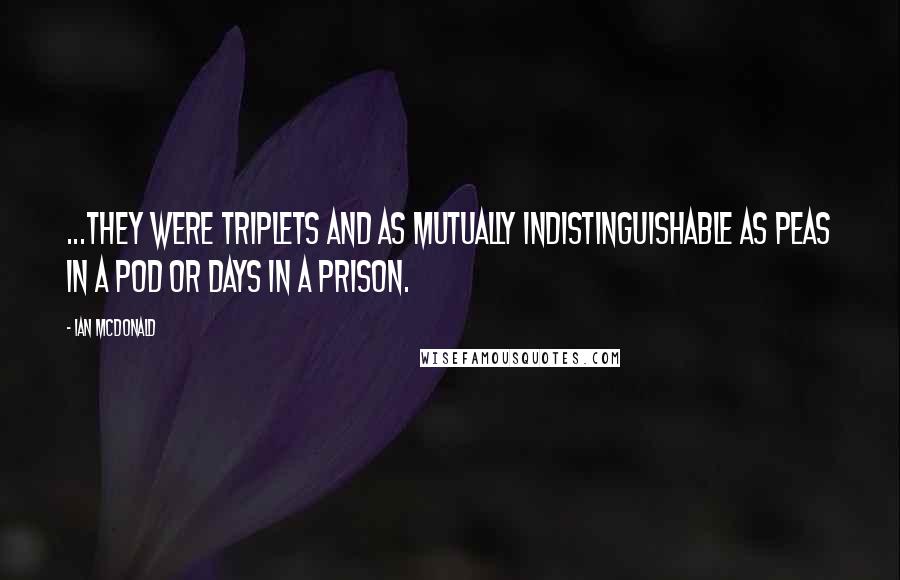 Ian McDonald quotes: ...they were triplets and as mutually indistinguishable as peas in a pod or days in a prison.