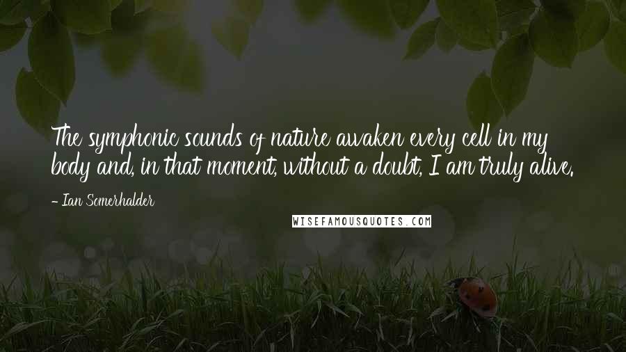 Ian Somerhalder quotes: The symphonic sounds of nature awaken every cell in my body and, in that moment, without a doubt, I am truly alive.