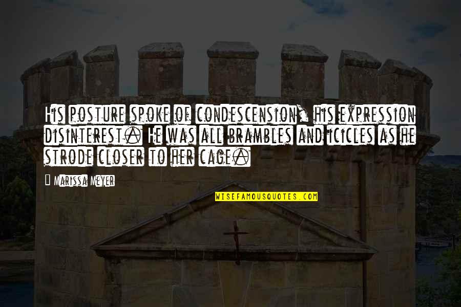 Icicles Quotes By Marissa Meyer: His posture spoke of condescension, his expression disinterest. Icicles Quotes By Marissa Meyer: His posture spoke of condescension, his expression disinterest.