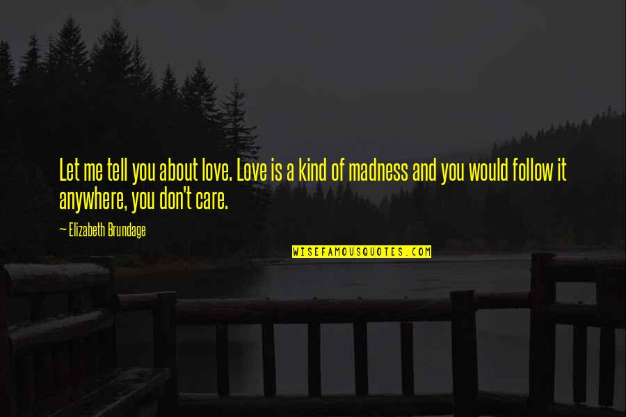 If You Don't Care Tell Me Quotes By Elizabeth Brundage: Let me tell you about love. Love is