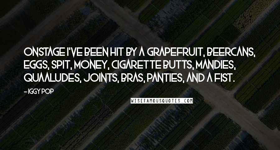 Iggy Pop quotes: Onstage I've been hit by a grapefruit, beercans, eggs, spit, money, cigarette butts, Mandies, Quaaludes, joints, bras, panties, and a fist. Iggy Pop quotes: Onstage I've been hit by a grapefruit, beercans, eggs, spit, money, cigarette butts, Mandies, Quaaludes, joints, bras, panties, and a fist.