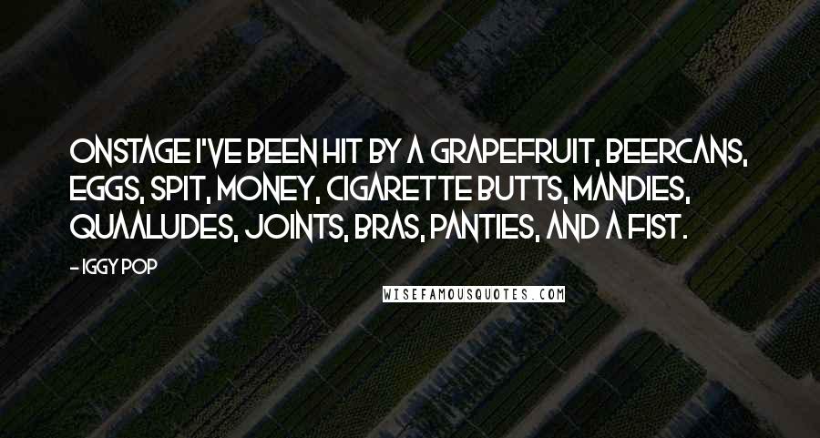 Iggy Pop quotes: Onstage I've been hit by a grapefruit, beercans, eggs, spit, money, cigarette butts, Mandies, Quaaludes, joints, bras, panties, and a fist.