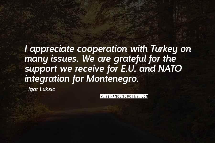 Igor Luksic quotes: I appreciate cooperation with Turkey on many issues. We are grateful for the support we receive for E.U. and NATO integration for Montenegro.