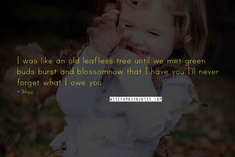 Ikkyu quotes: I was like an old leafless tree until we met green buds burst and blossomnow that I have you I'll never forget what I owe you