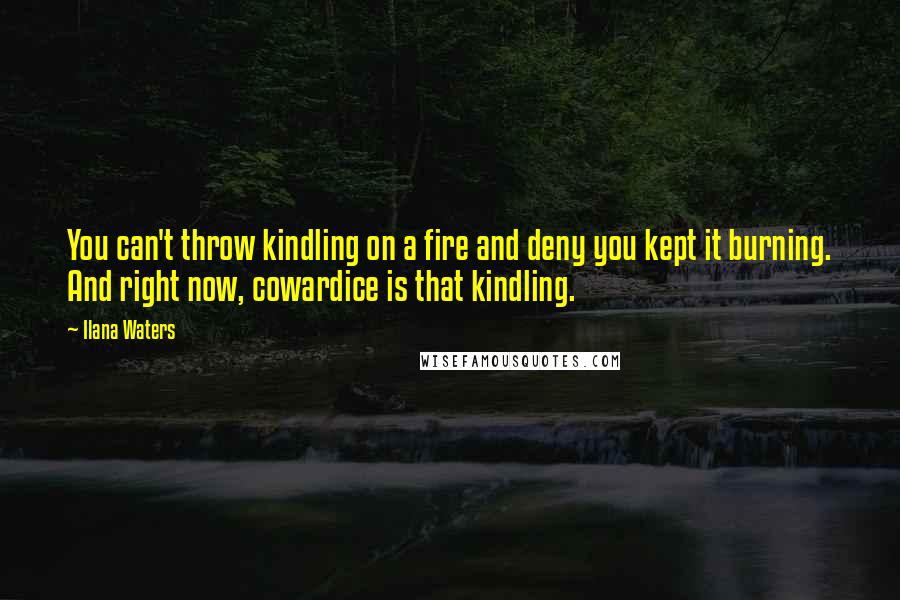 Ilana Waters quotes: You can't throw kindling on a fire and deny you kept it burning. And right now, cowardice is that kindling. Ilana Waters quotes: You can't throw kindling on a fire and deny you kept it burning. And right now, cowardice is that kindling.