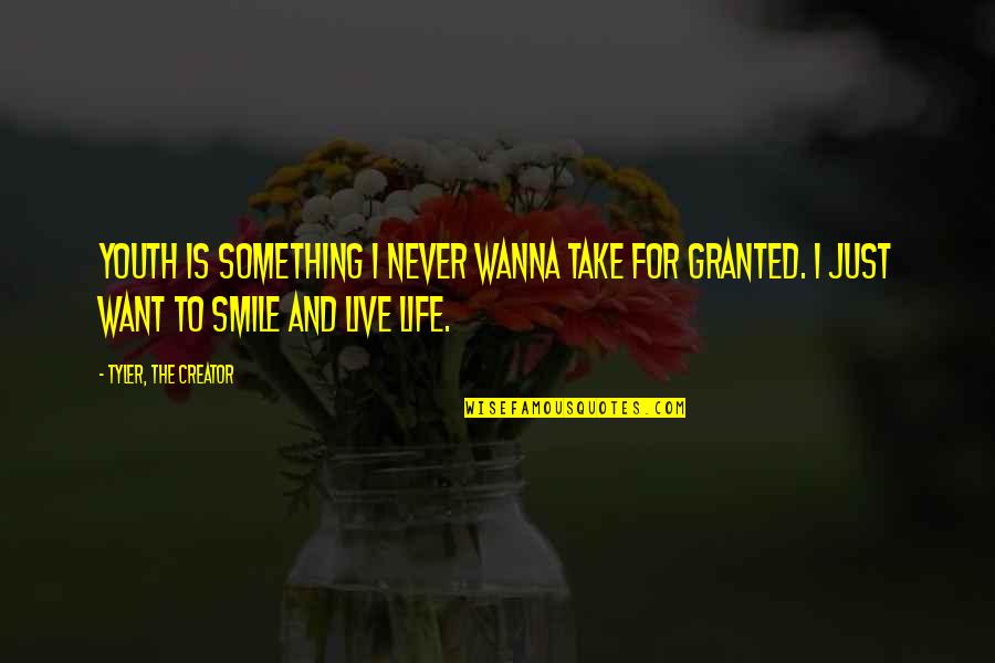 I'll Never Take You For Granted Quotes By Tyler, The Creator: Youth is something I never wanna take for I'll Never Take You For Granted Quotes By Tyler, The Creator: Youth is something I never wanna take for