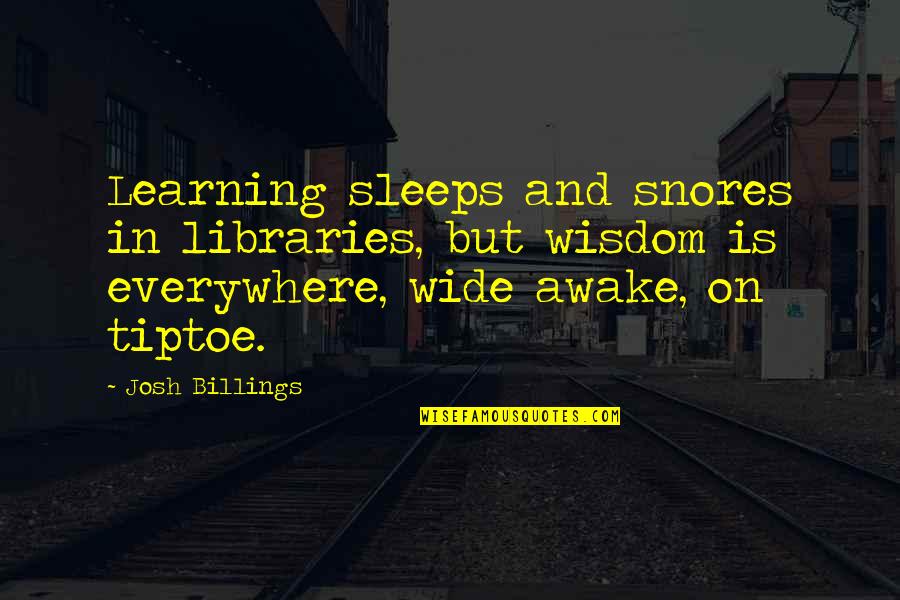 I'm Wide Awake Quotes By Josh Billings: Learning sleeps and snores in libraries, but wisdom