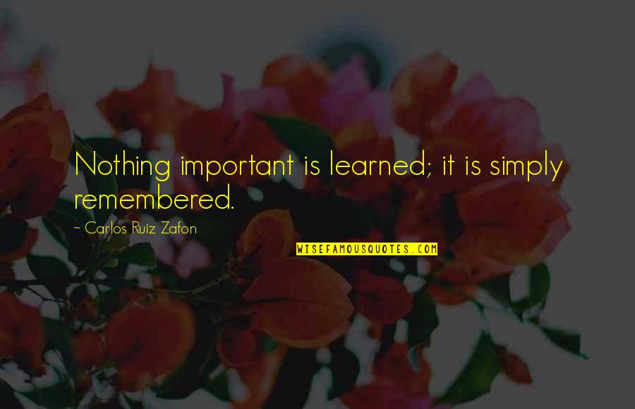 Important Philosophy Quotes By Carlos Ruiz Zafon: Nothing important is learned; it is simply remembered. Important Philosophy Quotes By Carlos Ruiz Zafon: Nothing important is learned; it is simply remembered.