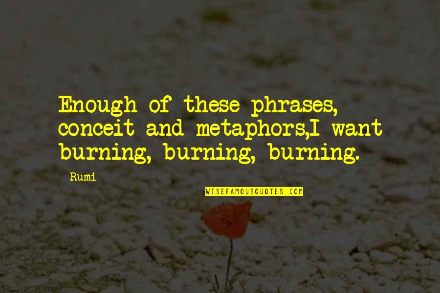 Inculcates Quotes By Rumi: Enough of these phrases, conceit and metaphors,I want